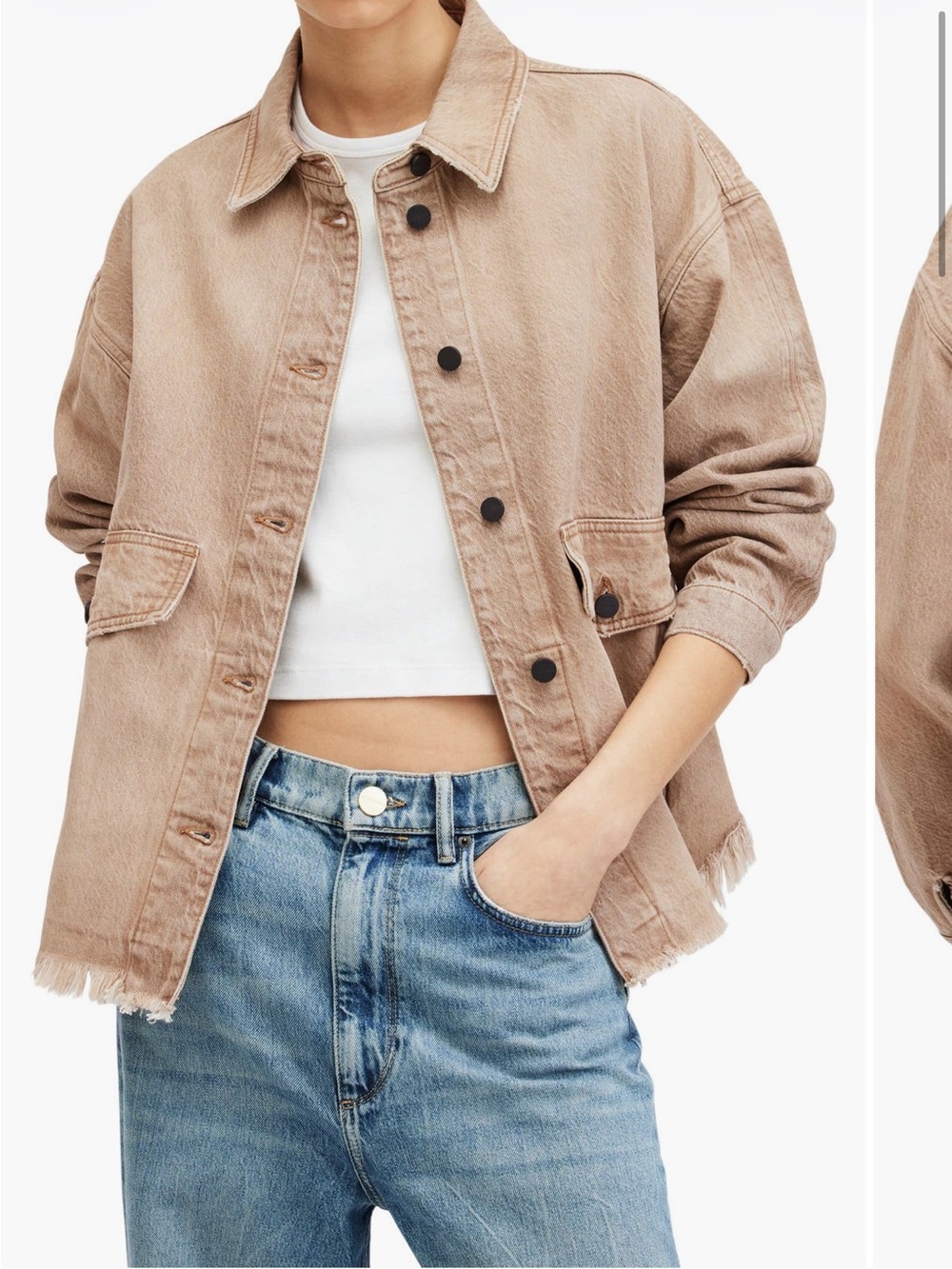 All Saints Women’s Distressed Hem Denim Jacket - Taupe